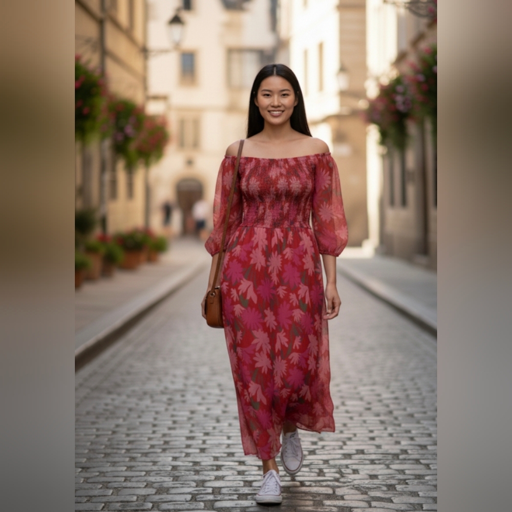 Off Shoulder Red Floral Maxi Dress